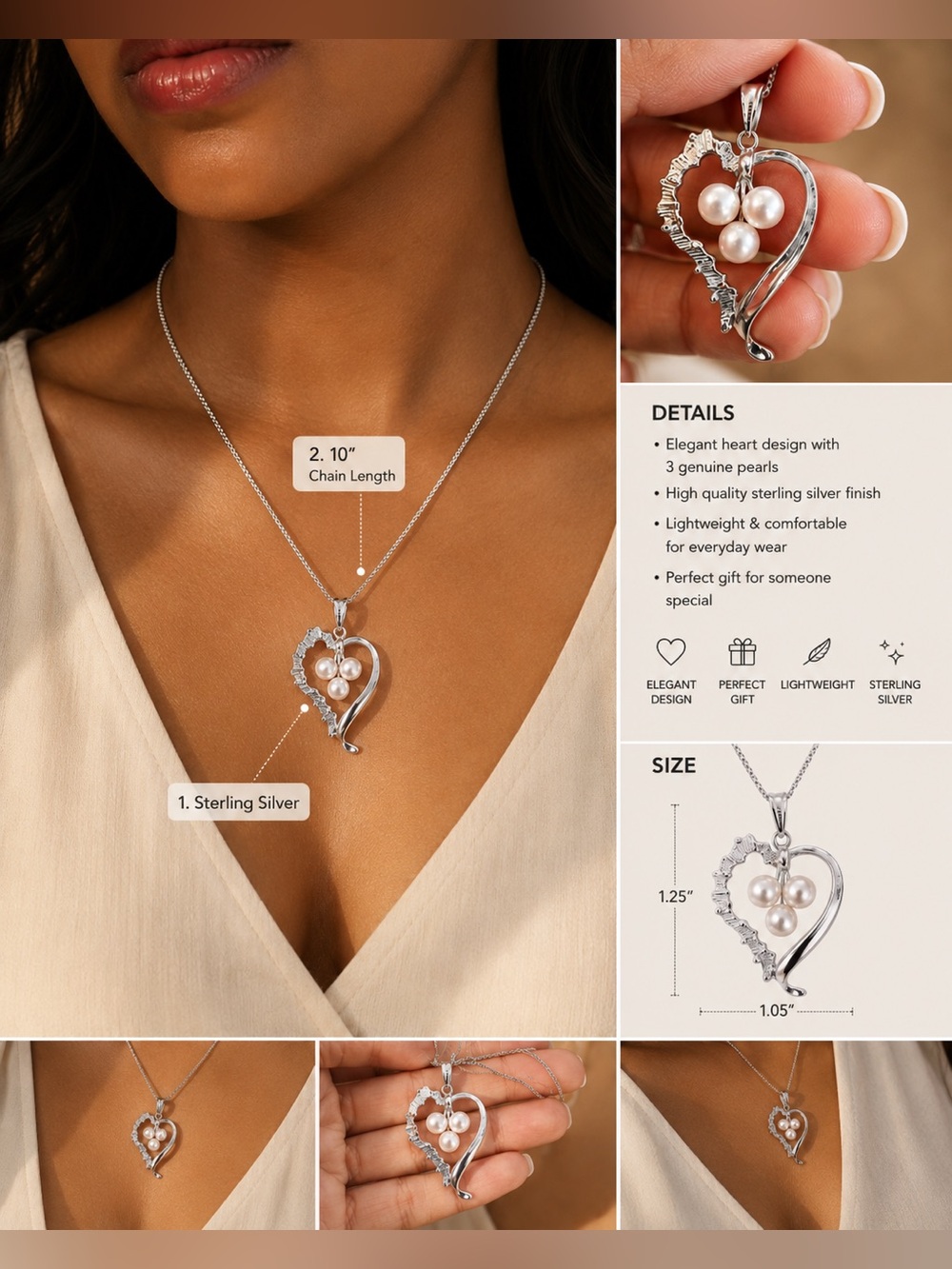 Sterling Silver Heart Pendant Necklace with Pearls - Silver